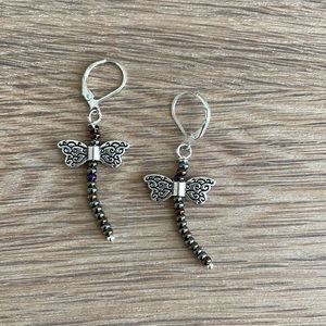 HAND CRAFTED DRAGONFLY EARRINGS Brown Iris Seed Beads Silver Plated Wings